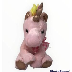 Pink Rose Gold Metallic Unicorn with Bow 10" Plush Yellow Pink Mane Stuffed Toy
